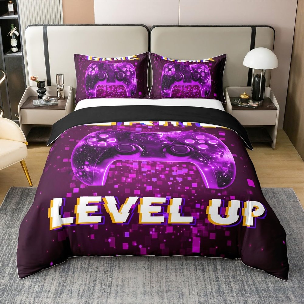 Gamer Game 100% Cotton Bedding Set, 200 x 200 cm, Purple Neon Controller Design