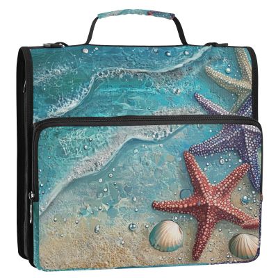 Beach Starfish Shells Blue 3.8 cm 3-Ring Zipper Binder with Shoulder Strap, Waterproof Portfolio Folder for School and Office