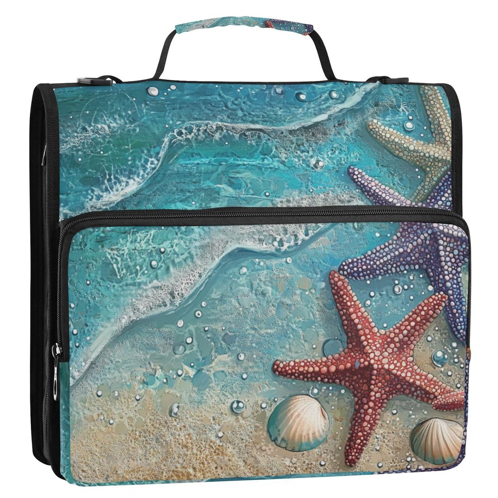 Beach Starfish Shells Blue 3.8 cm 3-Ring Zipper Binder with Shoulder Strap, Waterproof Portfolio Folder for School and Office