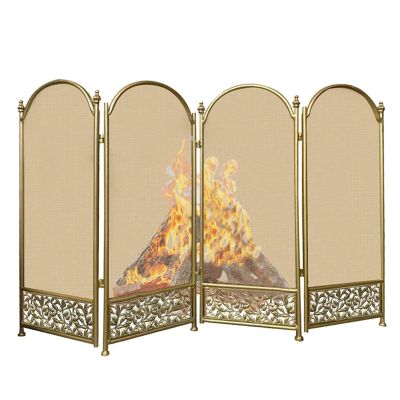 Fireplace Safety Gate, Large Gold 4-Panel Fireplace Screen, Ornate Wrought Iron and Metal Guard, 80 x 120 cm