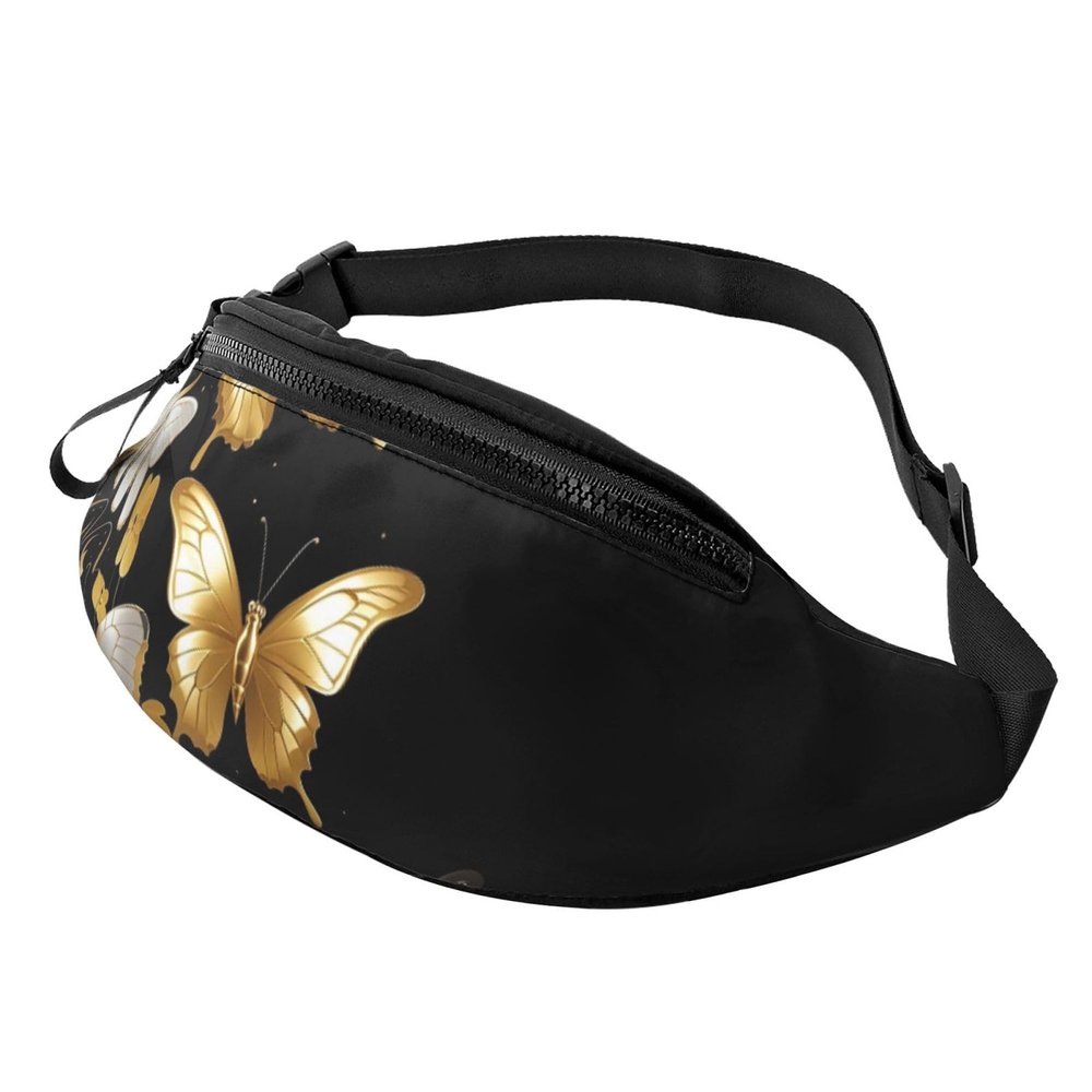 Belt Bag for Men and Women, Lightweight, Adjustable, Gold-Tone with White Butterflies, Black, for Travel, Hiking and Running