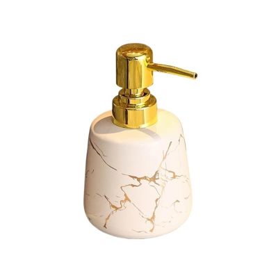 DQZRTUECA Ceramic Refillable Soap Dispenser with Marble Texture and Gold Pump, White, Small