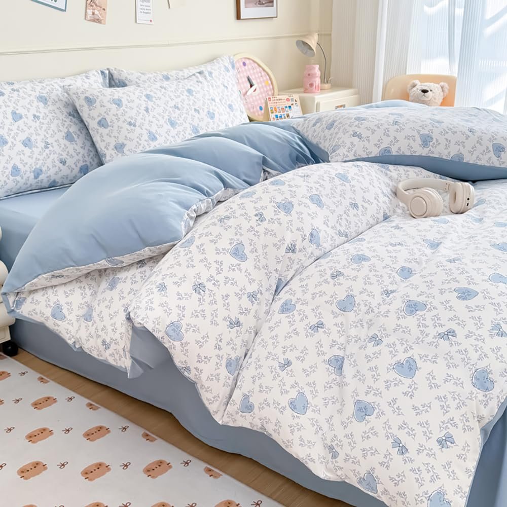 Covebett Blue Hearts, Flowers & Bows Microfiber Duvet Cover Set, 200 x 200 cm