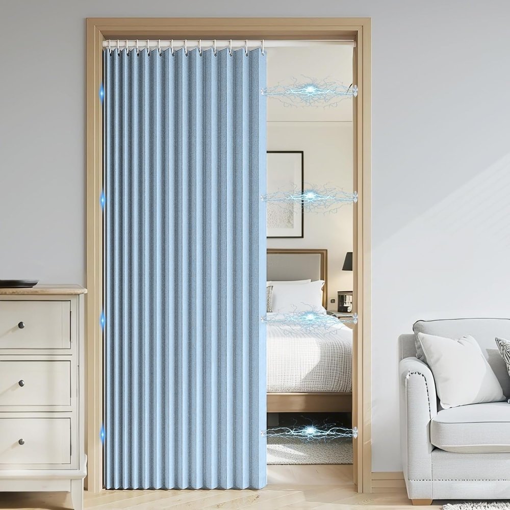 DSSHENGDS Adjustable Waterproof Weighted Shower Curtain, Accordion-Fold Design, Sky Blue, 200 x 180 cm