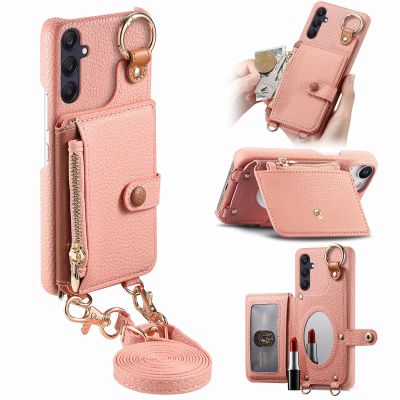 DGSZYZKJ Samsung Galaxy A54 Case with Strap, Card Holder, Zipper, Ring Stand & Cosmetic Mirror - Pink