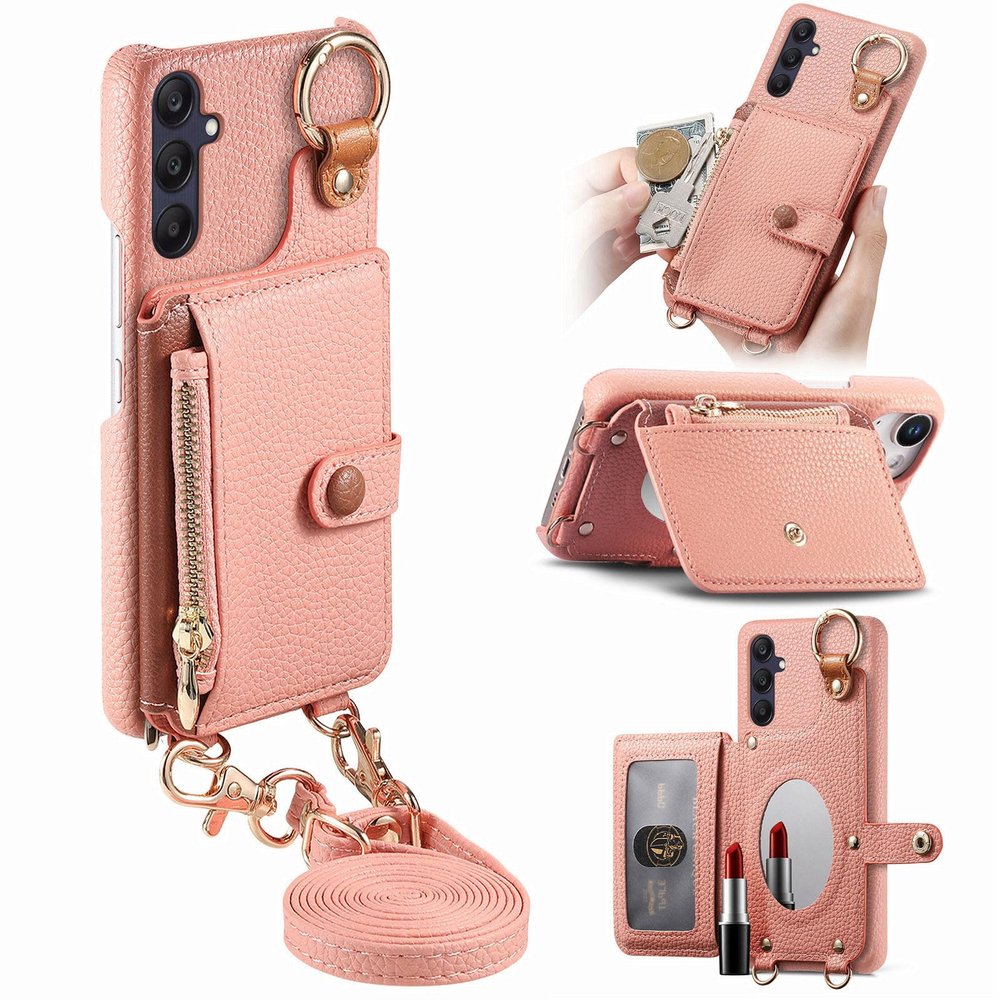 DGSZYZKJ Samsung Galaxy A54 Case with Strap, Card Holder, Zipper, Ring Stand & Cosmetic Mirror - Pink