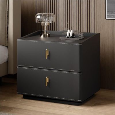 Modern Black Solid Wood Nightstand with 2 Drawers and Leather Cover, 50 cm