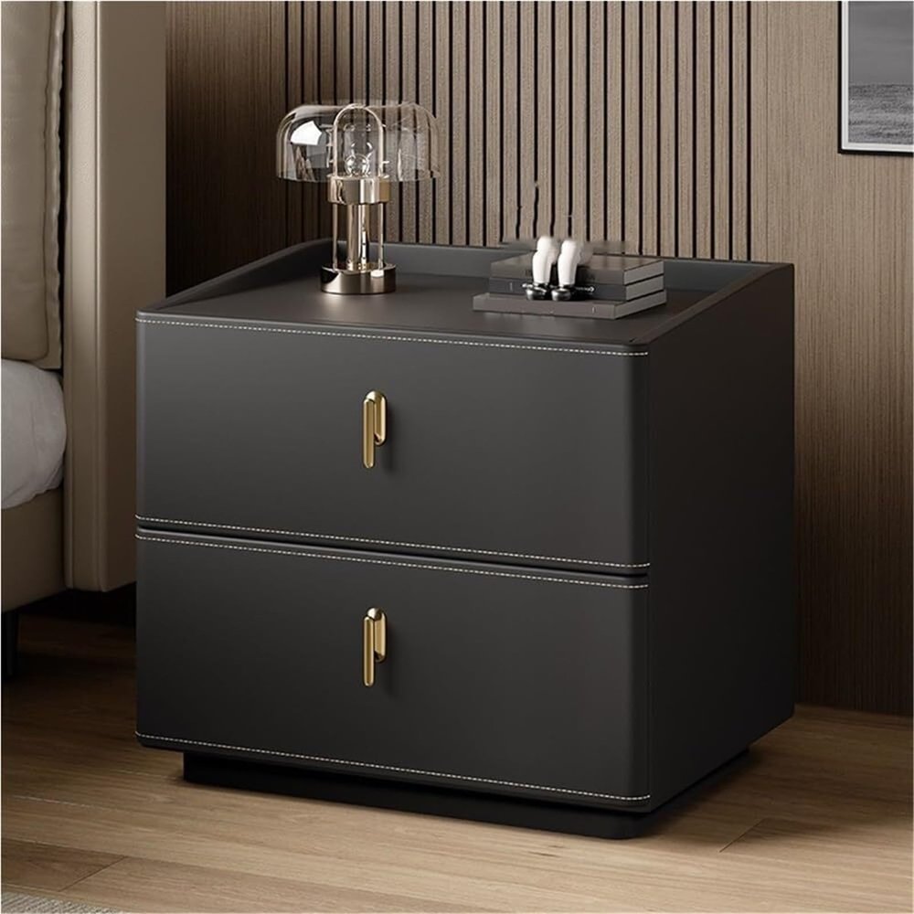 Modern Black Solid Wood Nightstand with 2 Drawers and Leather Cover, 50 cm