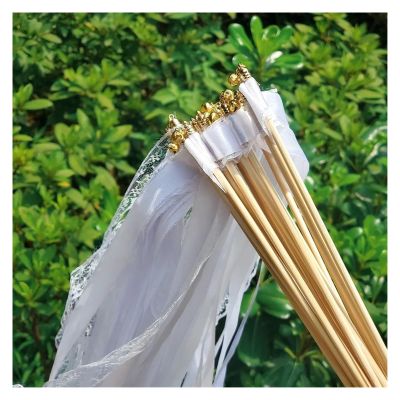 AMENGJ Wedding Ribbon Fairy Wands, White Ribbon Sticks with Lace Streamers and Bells (10 pcs)