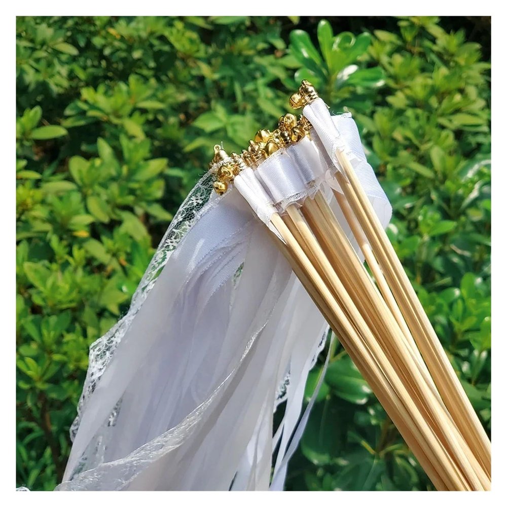 AMENGJ Wedding Ribbon Fairy Wands, White Ribbon Sticks with Lace Streamers and Bells (10 pcs)
