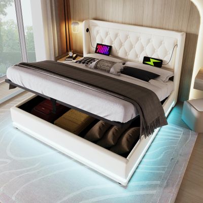 RIAZOS Upholstered Platform Bed 180 x 200 cm, PU Hydraulic Storage Bed with USB-C Charging, LED Headboard, No Mattress, White