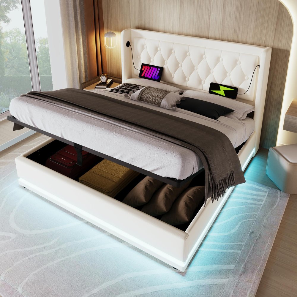 RIAZOS Upholstered Platform Bed 180 x 200 cm, PU Hydraulic Storage Bed with USB-C Charging, LED Headboard, No Mattress, White