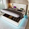 RIAZOS Upholstered Platform Bed 180 x 200 cm, PU Hydraulic Storage Bed with USB-C Charging, LED Headboard, No Mattress, White view 1