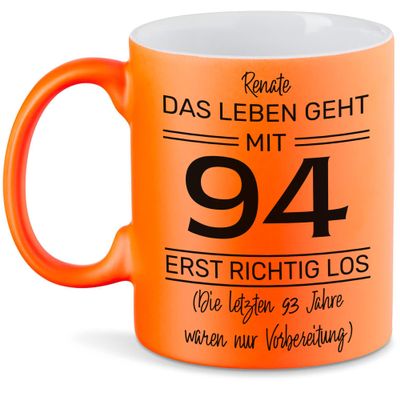 Kiddle-Design Personalized 94th Birthday Mug, “Life Really Begins at 94” – Neon Orange