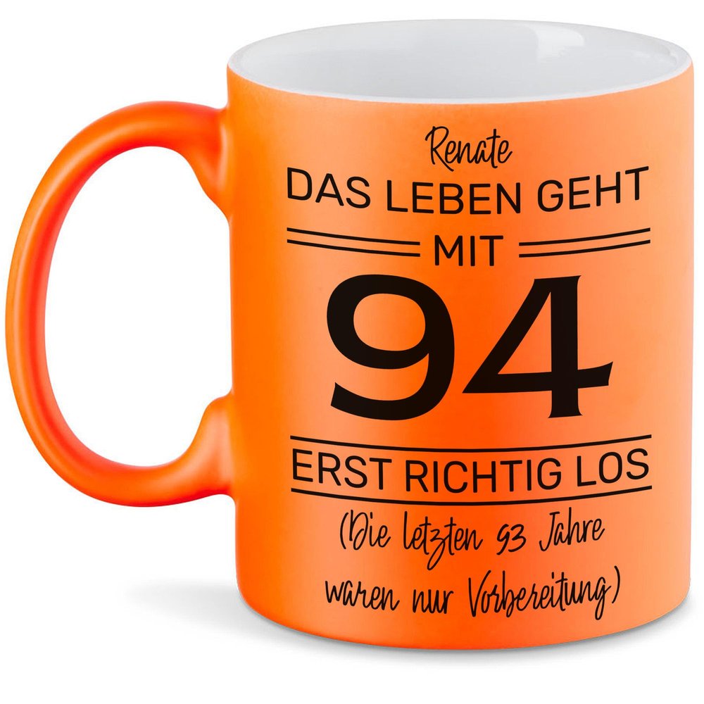 Kiddle-Design Personalized 94th Birthday Mug, “Life Really Begins at 94” – Neon Orange