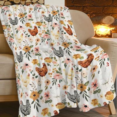 Chicken Floral Pattern Fleece Flannel Blanket