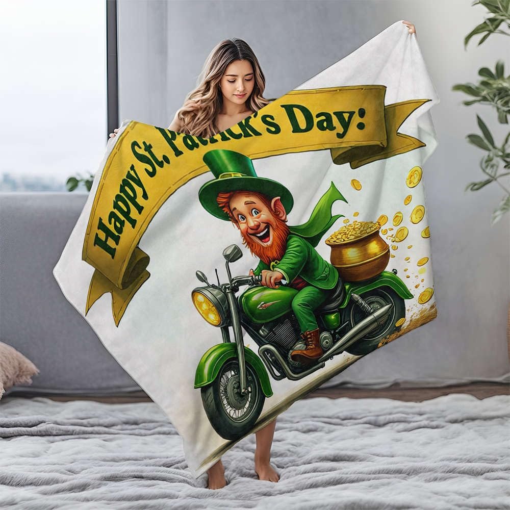 CDSS White Blanket, St. Patrick's Day Motorcycle Parade Flannel Throw, 125 x 150 cm