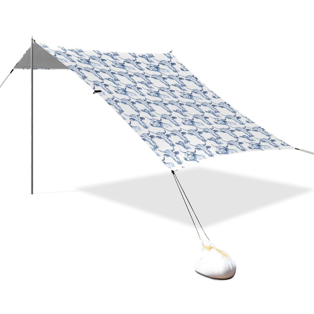 Blue Beach Tent with Cow Heads, UPF 50, Easy Setup, Large Sun Shade