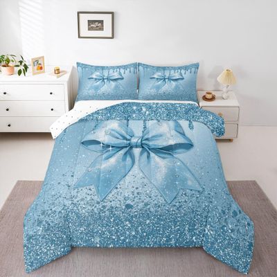 Kids' Watercolor Bow Comforter Set, Blue Glitter Bow (No Glitter)