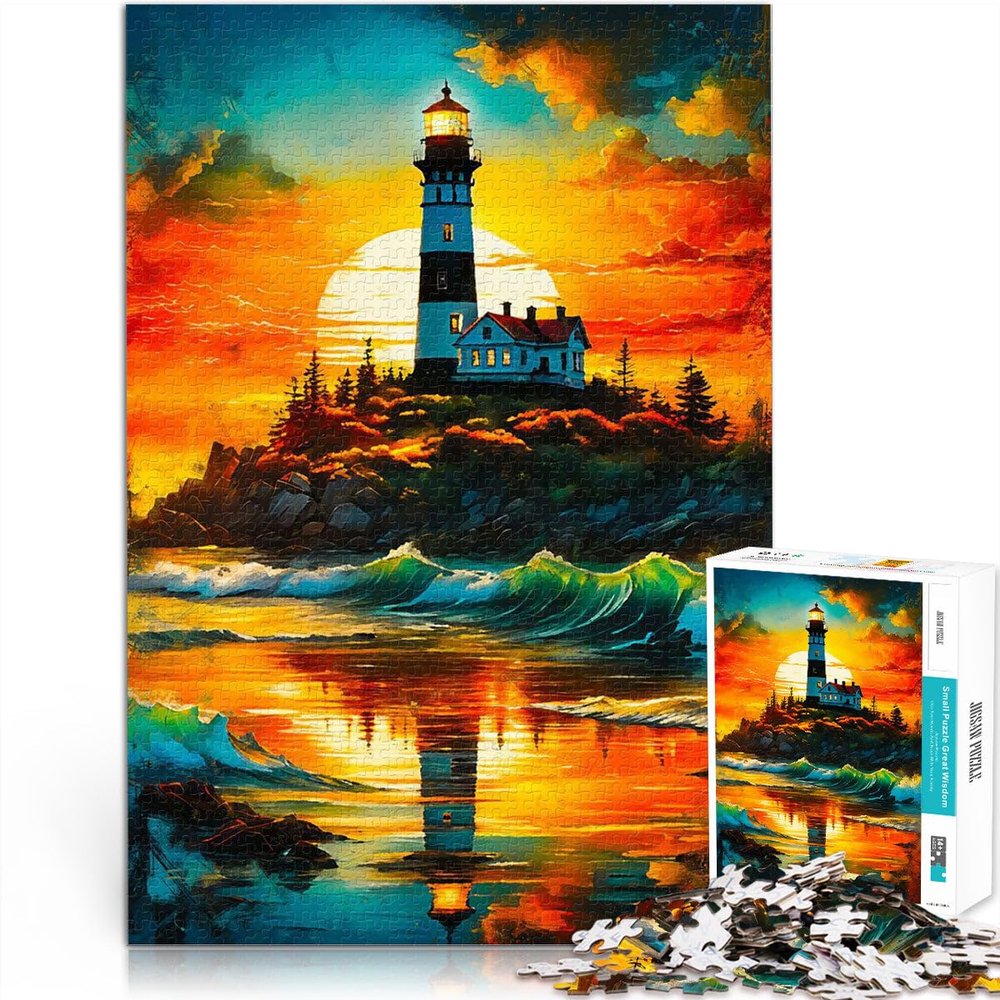 1000-Piece Wooden Puzzle for Adults, Lighthouse at Sunset, 50 x 75 cm, Ages 14+