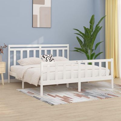 BOWEKAM Solid Pine Bed Frame Without Mattress, White, 200 x 200 cm