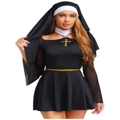 iEFiEL Women's Black Mesh Nun Costume Dress with Headscarf, Halloween Cosplay, 3XL