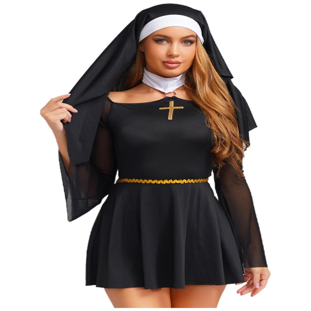 iEFiEL Women's Black Mesh Nun Costume Dress with Headscarf, Halloween Cosplay, 3XL
