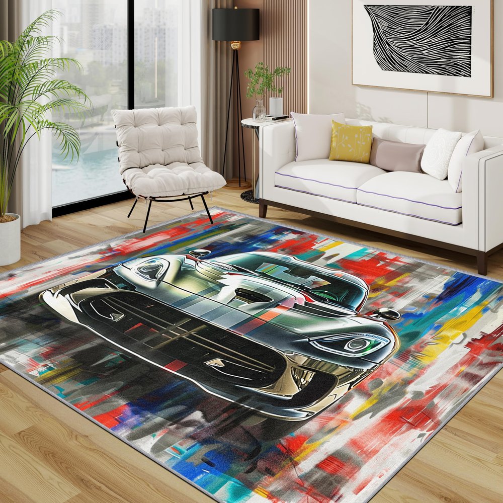TerroVee Sports Car Rug, 200 x 200 cm, Colorful Graffiti Abstract Art, Washable