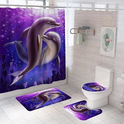 3-Piece Bathroom Mat Set, Washable Non-Slip Bath Mat, Toilet Contour Mat with Cutout and Bath Mat, 50 x 80 cm, Dolphin