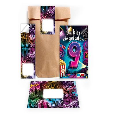 Limonia 9th Birthday Cinema Invitation Set for Kids, 8 Cards with Envelopes, Gift Bags and Stickers