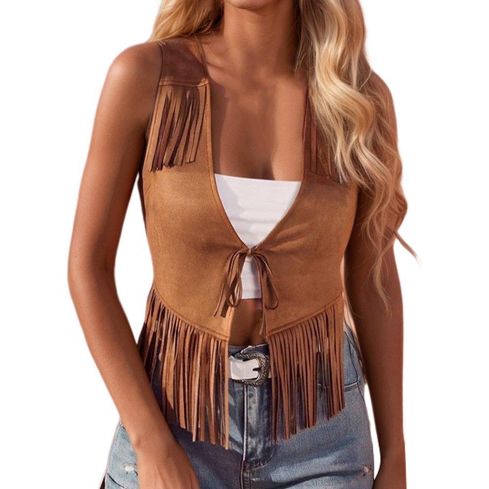 Vhersily Women's Fringed Vest, 1970s Hippie Cowgirl Costume, Sleeveless Faux Suede Tassel Cardigan, Brown, M