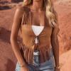 Vhersily Women's Fringed Vest, 1970s Hippie Cowgirl Costume, Sleeveless Faux Suede Tassel Cardigan, Brown, M view 2