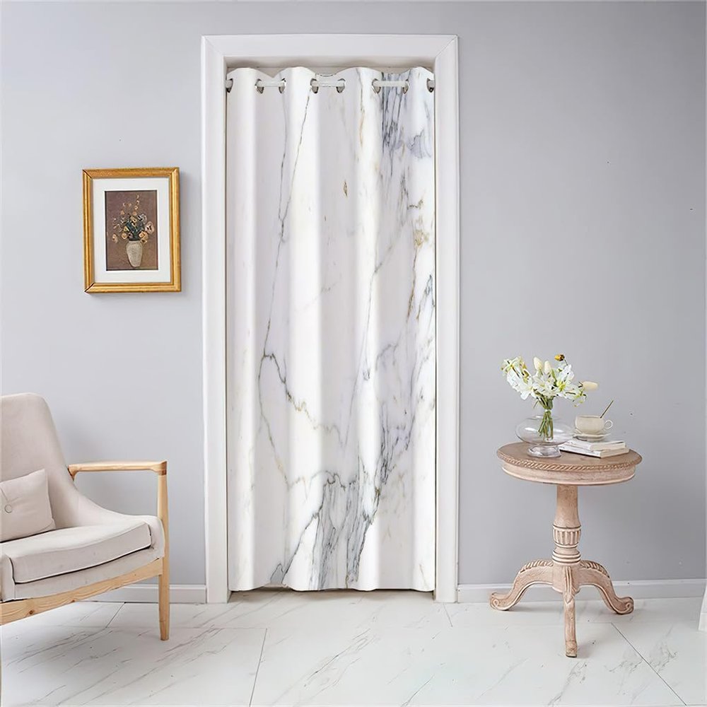 Mateju Opaque Door Curtain with Grommets, White Marble Print, Blackout Thermal Curtain, Room Divider, 150 x 200 cm