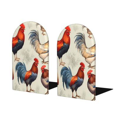 Rooster Wooden Bookends with Chicken Flower Design, 1 Pair
