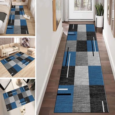 LUMIPAP Long Runner Rug, Non-Slip Washable Hallway Carpet, 100 x 200 cm, Gray and Blue Stripes