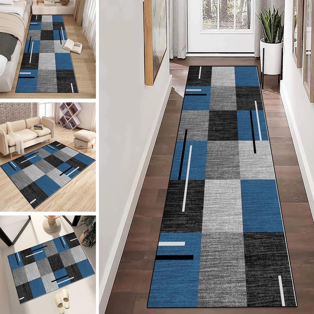 LUMIPAP Long Runner Rug, Non-Slip Washable Hallway Carpet, 100 x 200 cm, Gray and Blue Stripes