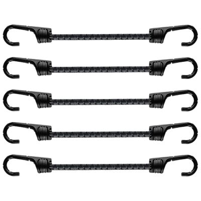 12-Inch Heavy-Duty Bungee Cords with Hooks, 1.5x Stretch, Gray and Black