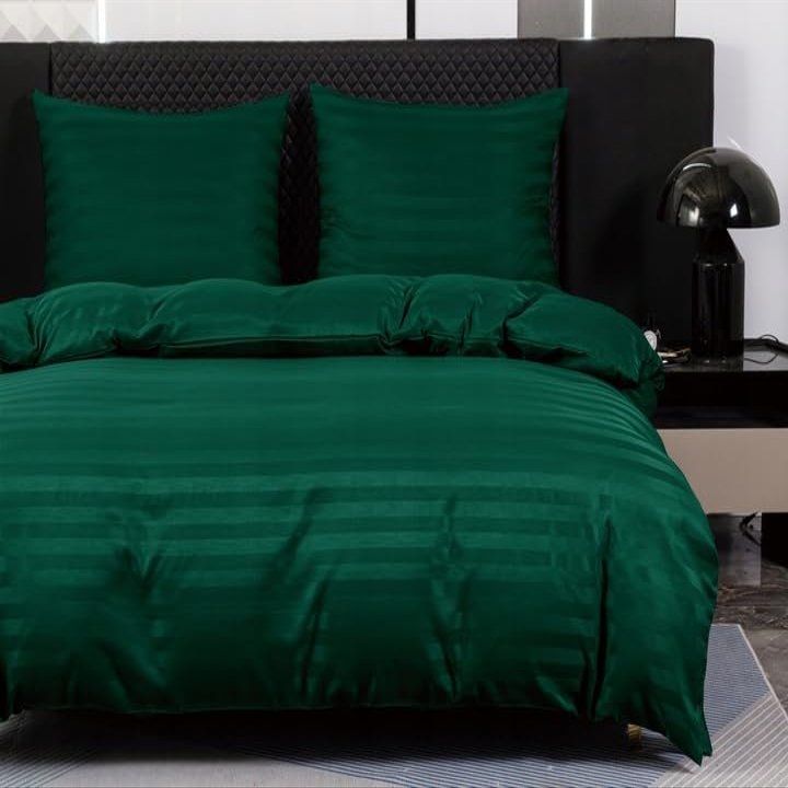 TEXTILOVE 3-Piece Bedding Set 200 x 220 cm, Bottle Green, Striped Damask Microfiber, OEKO-TEX 100