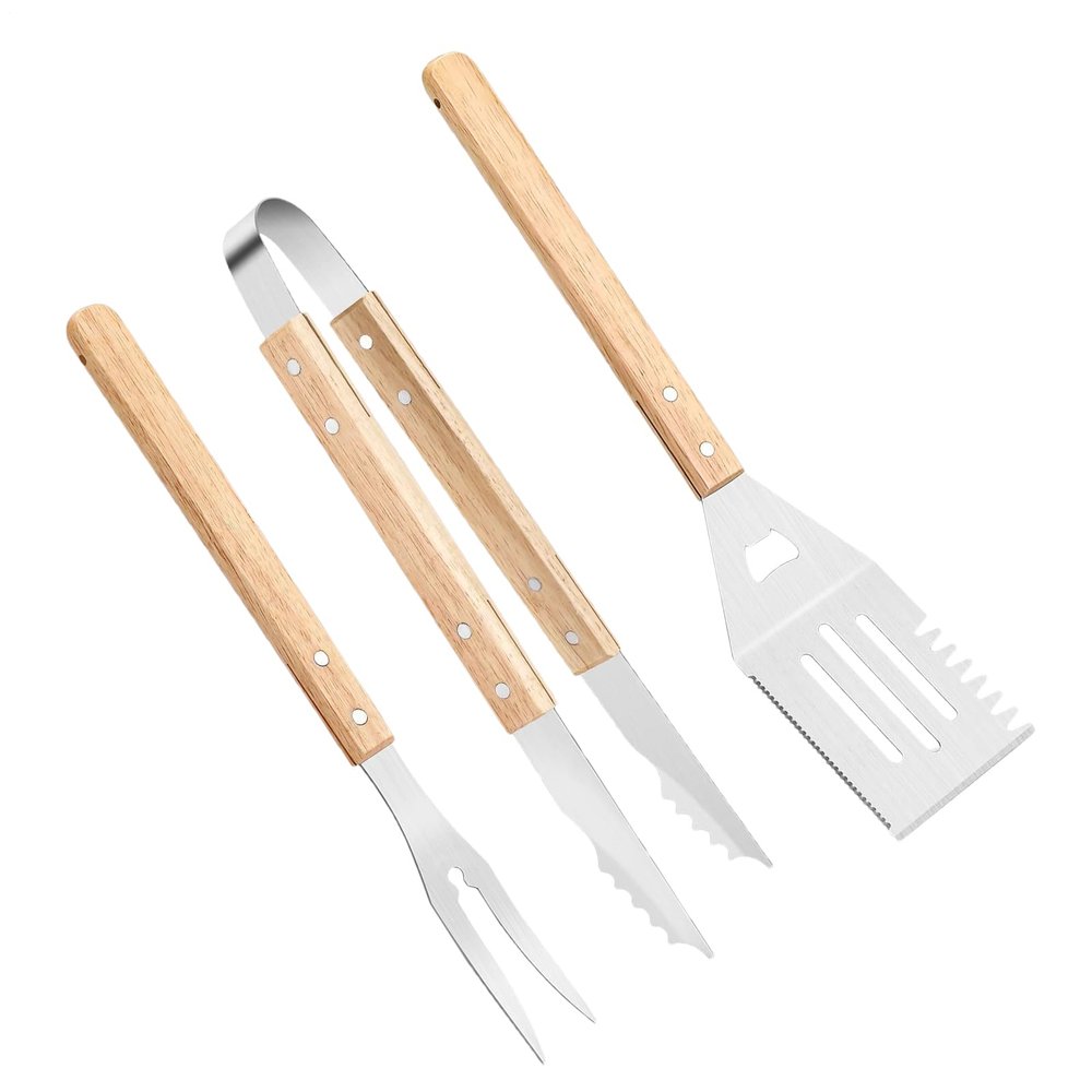 3-Piece Grill Tongs Set with Heat-Resistant Stainless Steel and Wooden Handles