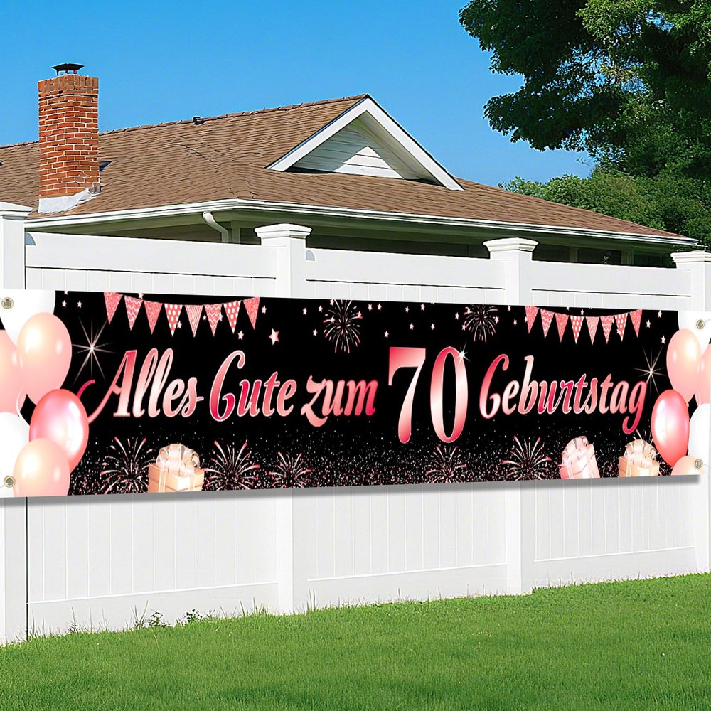 70th Birthday Decorations, Rose Gold Black Banner, Happy 70th Birthday, 40 x 270 cm