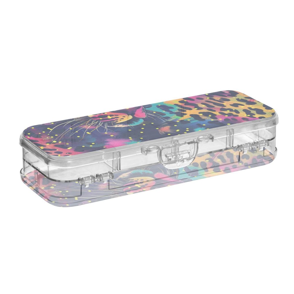 Amooorous Transparent Double-Layer Hard Pencil Case with Rainbow Glitter Leopard Design