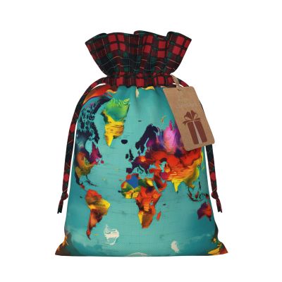 Christmas Gift Bags with World Map Print and Drawstring