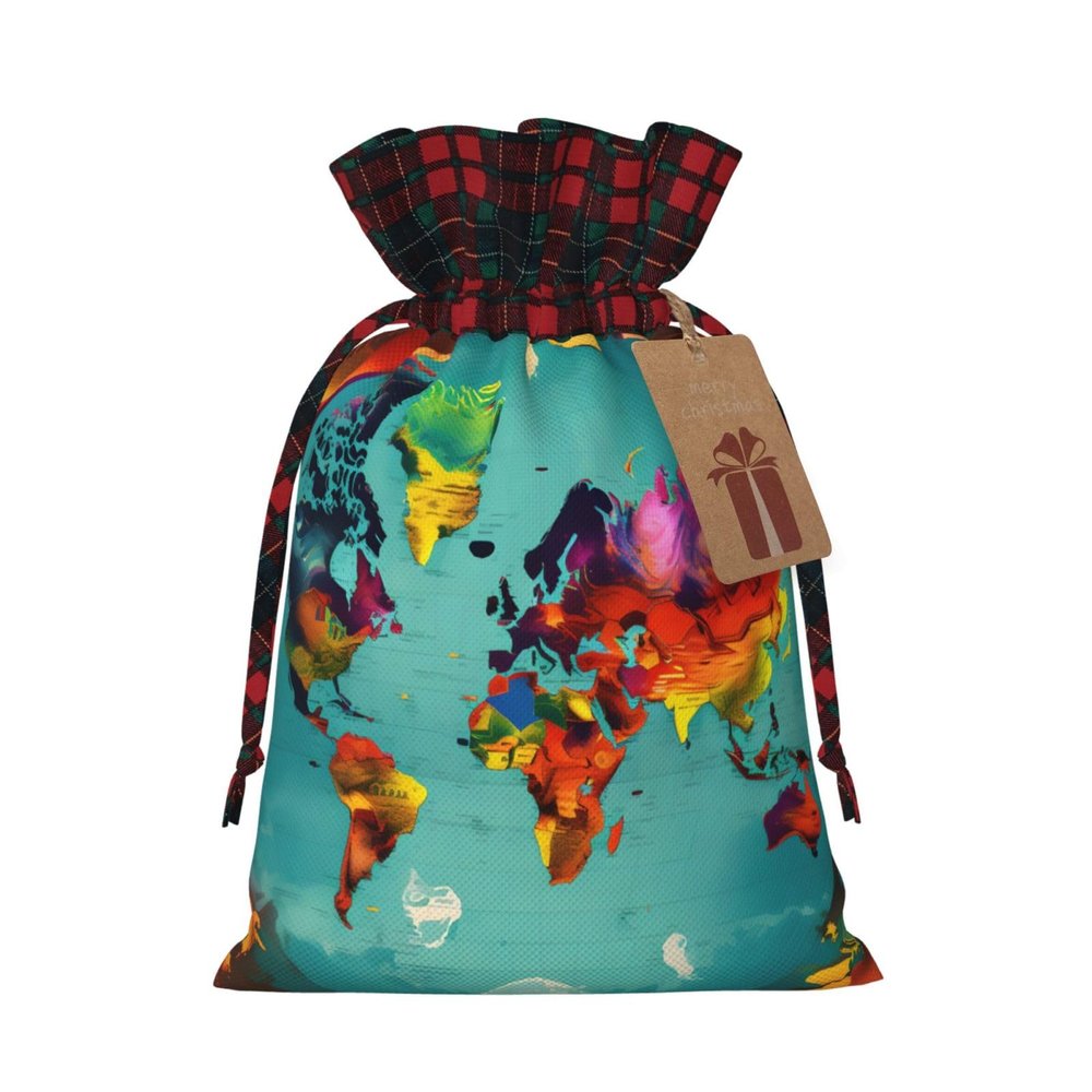 Christmas Gift Bags with World Map Print and Drawstring