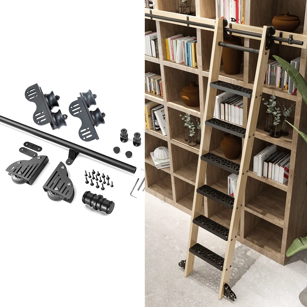 DRFGNF Retractable Sliding Library Ladder Hardware Kit, Complete Rolling Rail Set (Ladder Not Included), Mobile Round-Tube Rail with Floor Wheels, 3.3–20 ft (20 ft)