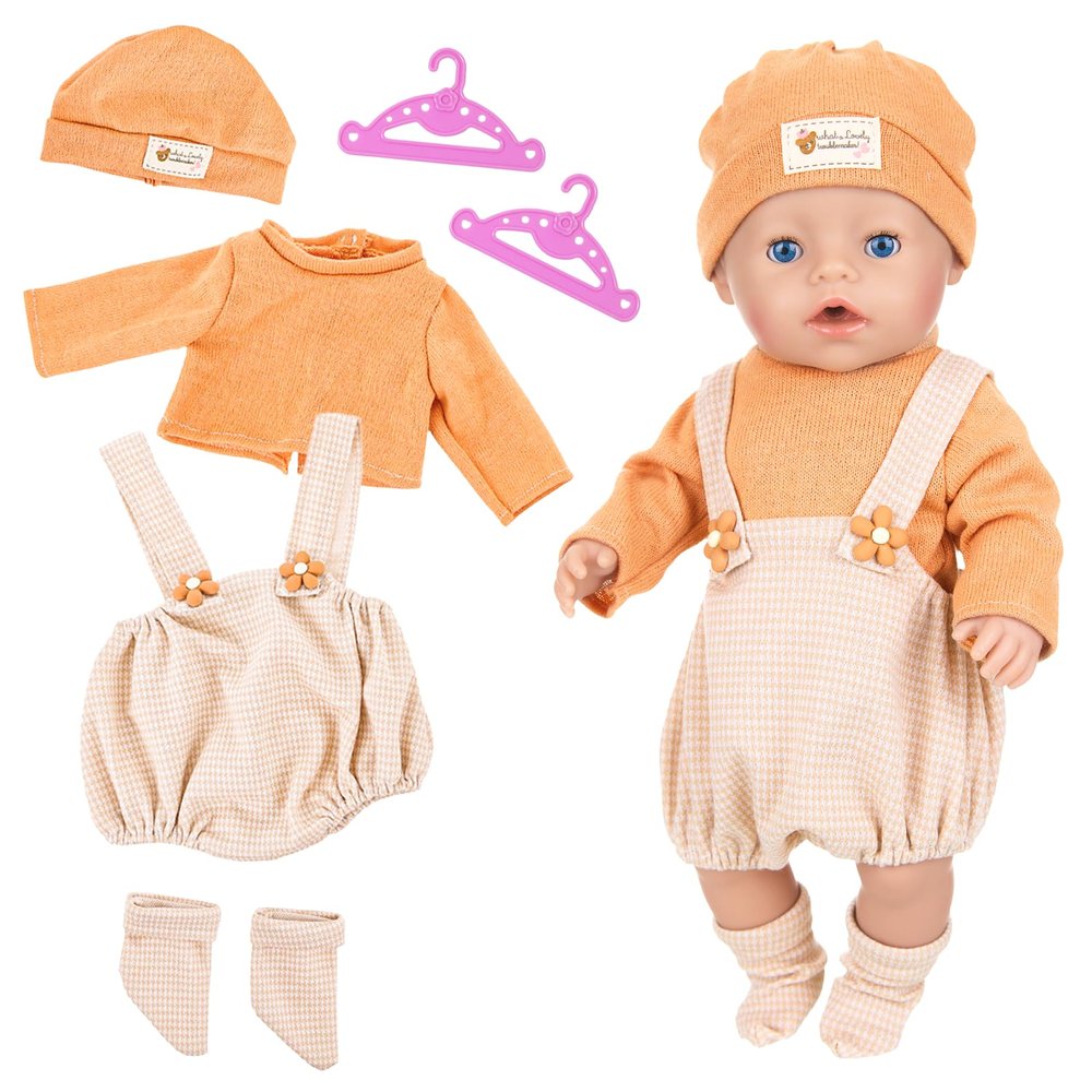 WanderGo Baby Doll Clothes for 35–43 cm Dolls, 4-Piece Outfit with Top, Bib Overalls, Knit Hat, Socks and 2 Pink Hangers