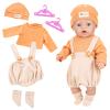 WanderGo Baby Doll Clothes for 35–43 cm Dolls, 4-Piece Outfit with Top, Bib Overalls, Knit Hat, Socks and 2 Pink Hangers view 1