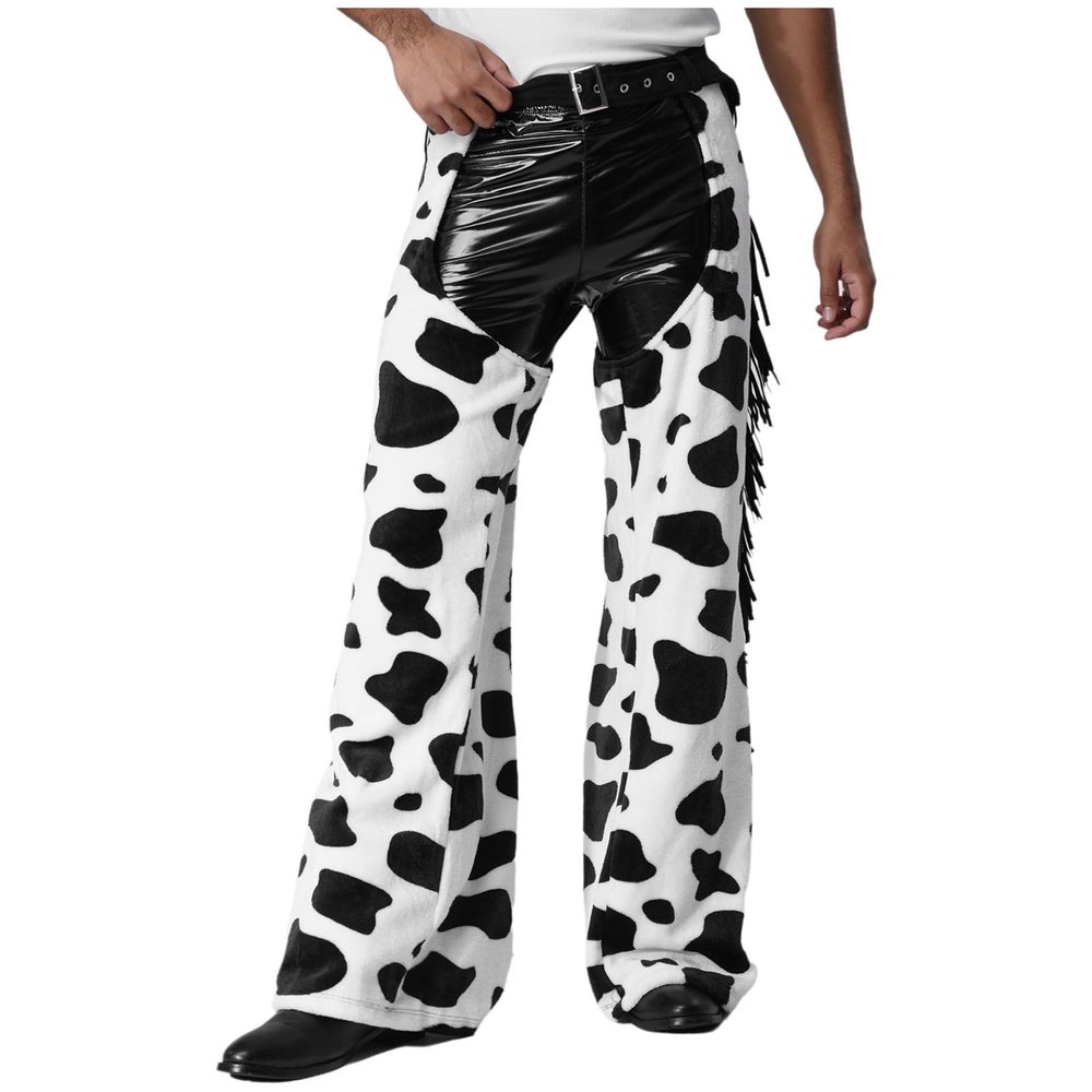 Sywiyi Men's Vintage Western Cowboy Chaps Cow Print Costume Pants, Black & White, XL