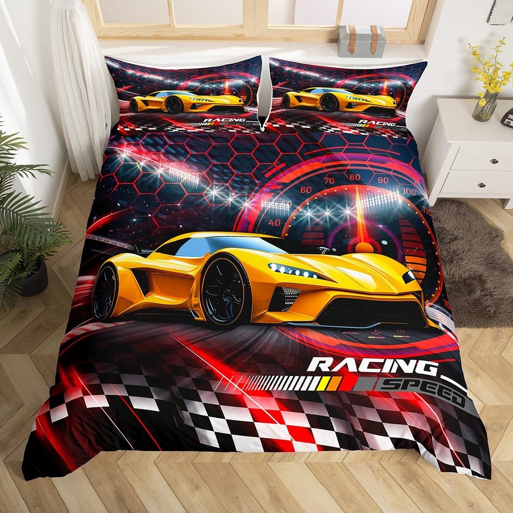 Race Car Duvet Cover Set, 220 x 240 cm, Red/Black Honeycomb