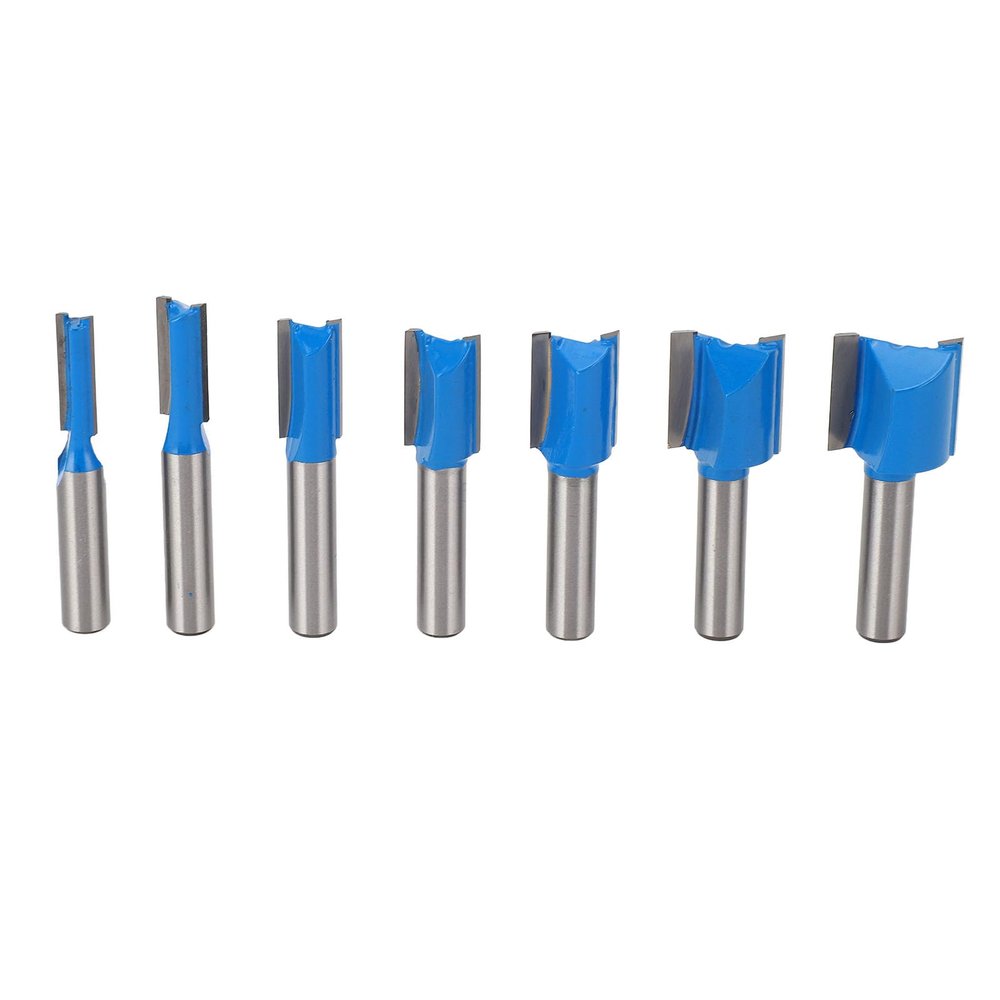 7-Piece Straight Router Bit Set, Double-Flute Carbide, 8 mm Shank