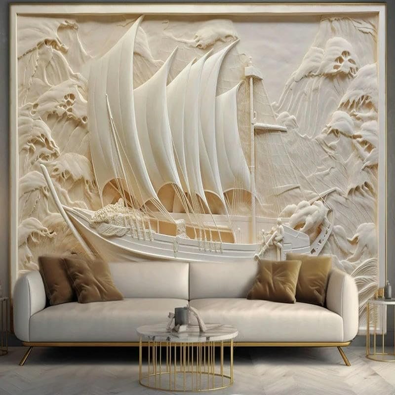 ZEZILE Custom 3D Relief Boat Wall Mural Wallpaper